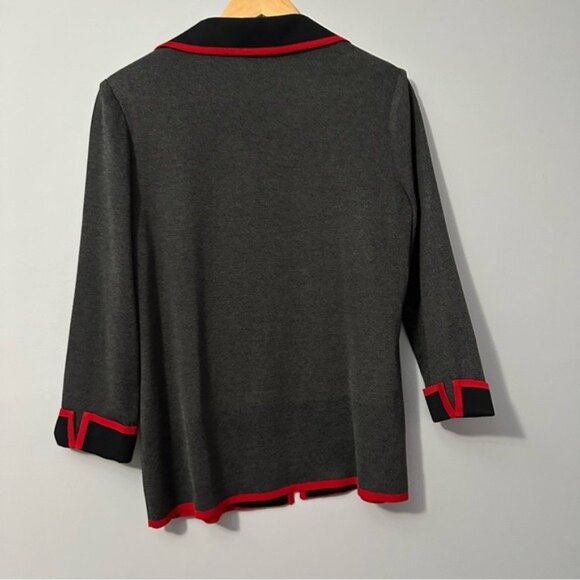 Misook Knit Blazer Jacket Gray Red Trim Open Front Career Chic Size Medium - Picture 3 of 11
